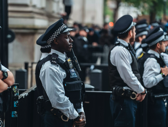 Police officers standing guard