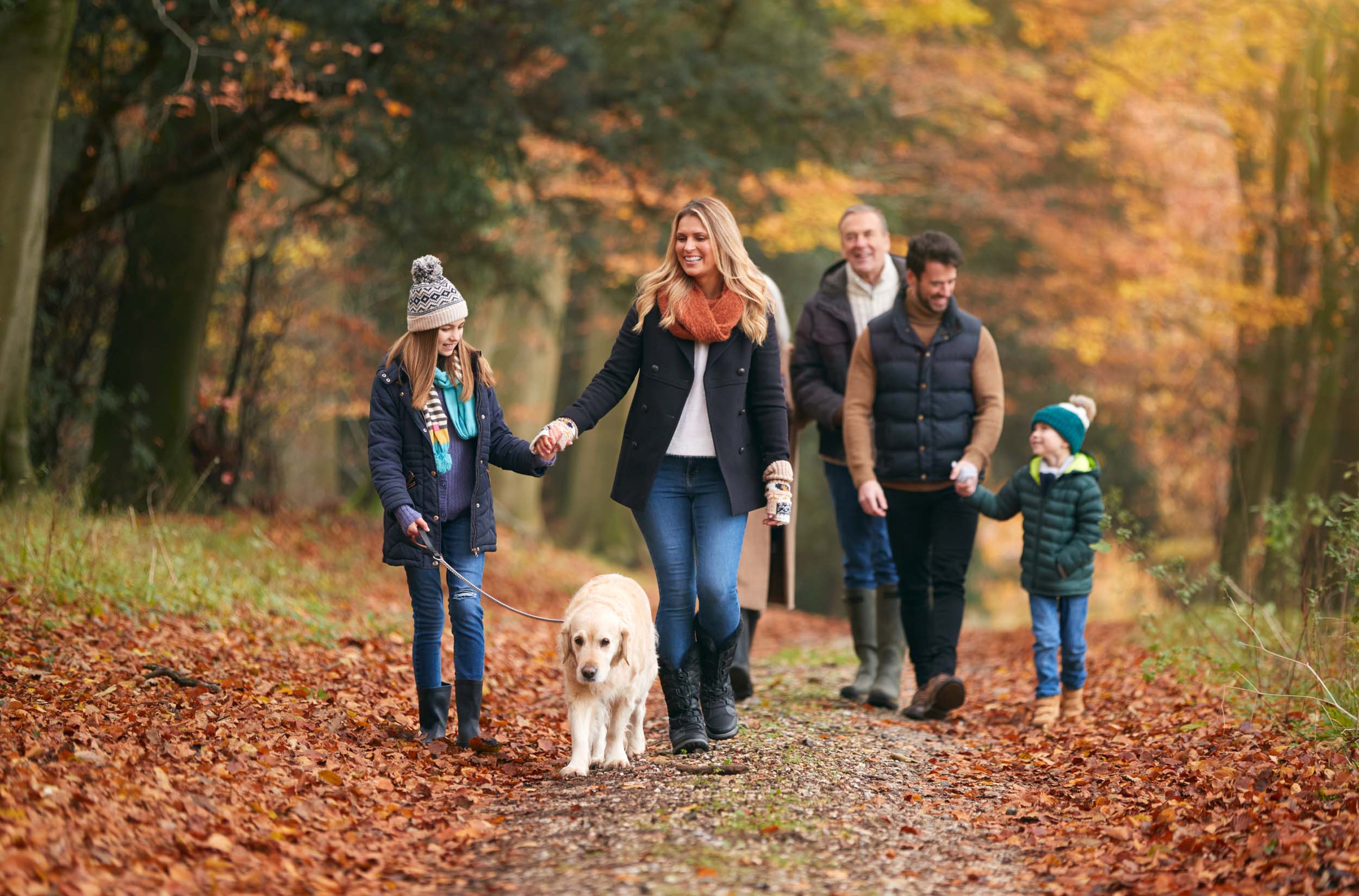 Multi-Generation Family Walking With Pet Golden Retriever Dog Along Autumn Woodland Path